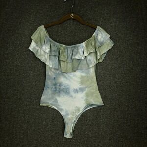 Polly & Esther Bodysuit Women's S Blue Green Tie Dye Ruffle Collar Thong Stretch
